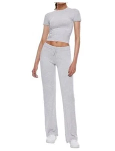 Women's 2 Piece Lounge Sets Straight Leg Pants Set Short Small Light-gray - Picture 1 of 7