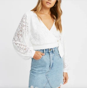 Kookai women Anika Wrap Top size 38 Aust 10 white lace sheer long blouson sleeve - Picture 1 of 16