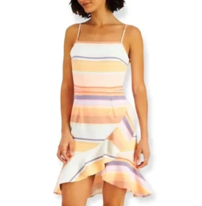 Bar III Strappy Samba Pastel Striped Ruffled Dress Peach Sherbert Size Large - Picture 1 of 13