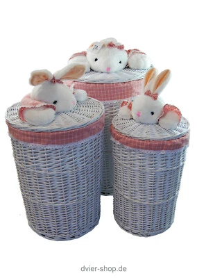 dvier Wäschekorb Wäschesammler Weide weiß rund mit Deckle Plüschtier Kaninchen  - Bild 1 von 4