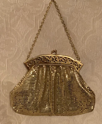 Vintage 1940's Whiting & Davis Gold Mesh Evening Bag, Filigree Frame Chain Strap - Image 1 of 4