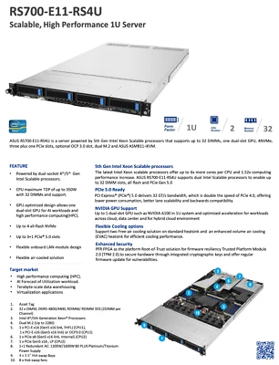 Asus RS700A-E11-RS4U LGA4677  socket supports up to 32 DIMM, NO CPU, RAM, NVMe - Image 1 of 2