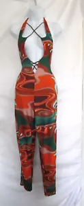 PrettyLittleThing Women's Sz 14 Jumpsuit Sexy Plunge Halter Orange/Multi NWT - Picture 1 of 6