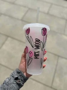 Personalised Name Pink Floral Line Work Tumbler Venti Cold Cup 24oz - With Straw - Picture 1 of 3