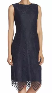 NWT SHARAGANO CLASSY FLORAL LACE NAVY BLUE DRESS LINED SIZE 12 $118 - Picture 1 of 12