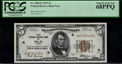 1929 $5 Federal Reserve Bank Note - Dallas - FR.1850-K - PCGS 68PPQ - Image 1 of 2