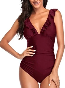 Damen Bauchweg Badeanzug mit Rüschen V-Ausschnitt Monokini Volants Bademode289WI - Bild 1 von 6