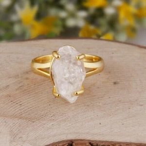 Raw Stone Herkimer Diamond Ring 18k Gold Plated 925 Silver Engagement Ring - Picture 1 of 5