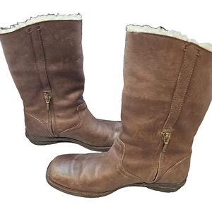 UGG Boots Women 8 Brown Leather Mid Shearling Line Side Zip Winter Bellevue 5745 - Picture 1 of 10