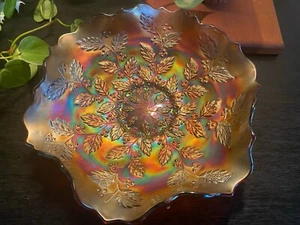 Cuenco con volantes vintage Fenton Carnaval vidrio caléndula iridiscente acebo bayas 9" - Imagen 1 de 15