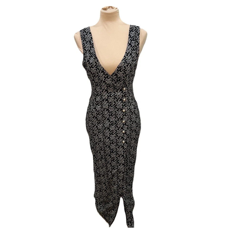 VTG 90s Grunge Floral Pearl Button Front Rayon Maxi Dress Black Ivory Soft Goth - Image 1 of 4