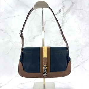 Auth GUCCI Jackie Navy Canvas Brown Leather Shoulder Bag Tote TN03 - Picture 1 of 17