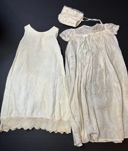 Antique Handmade Silk Baby Christening Baptism Gown With Bonnet Embroidered - Picture 1 of 5