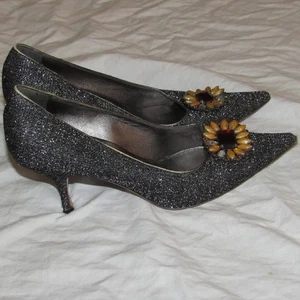 Miu Miu Black Silver Glitter Flower Stone Pointed Toe Witch Goth Heels 39 1/2 - Picture 1 of 7