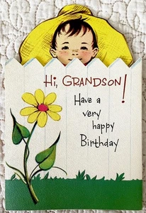 Unbenutzte Grußkarte Geburtstag Junge Blick hinter weißen Zaun Blume Vintage 40er 50er - Bild 1 von 3