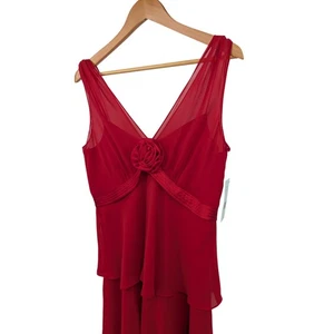 NEW Liz Claiborne Red Chiffon Tiered Midi Dress w/ Rosette Detail Size 8 NWT - Picture 1 of 9