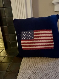 Ralph Lauren Navy Blue American Flag Pillow- Knit 100 % Cotton Vintage - Picture 1 of 7