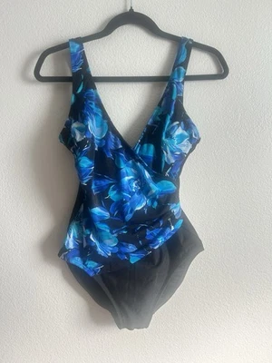 Купальник цельный с цветочным рисунком синий, бирюзовый и черный размер 12 - Изображение 1 из 4