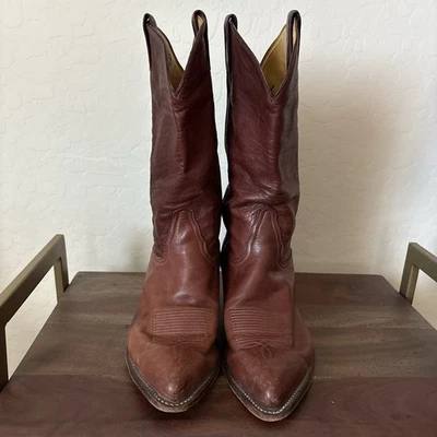 Vintage Tony Lama Mens Cowboy Boots Brown Leather Inlay 6155 Toe Stitching 9EE - Image 1 of 4