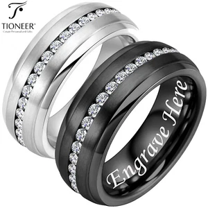 Tungsten Band w Eternity Style CZ w Step Edges in SIlver or Black w Free Engrave - Picture 1 of 12