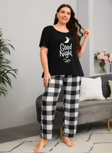 PYJAMA PLUS 22 BLACK WHITE GOOD NIGHT PLAID PANTS STRETCH LOUNGEWEAR COMFORT - Picture 1 of 3
