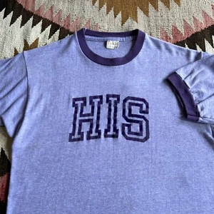 Vintage 70s Mayo Spruce Flock Print Ringer Tshirt ‘His’ Spellout Sz M Purple - Picture 1 of 3