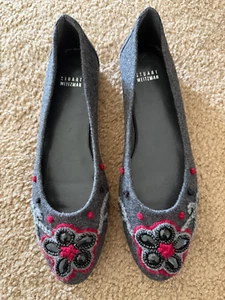 Stuart Weitzman FRENCH TOES Gray Flannel Beaded Red Floral Ballet Flat - 9.5 M - Picture 1 of 10