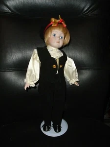 VINTAGE COLLECTIBLE 16" PORCELAIN DOLL IN BLACK VELVET PANTS & VEST BLONDE HAIR - Picture 1 of 2