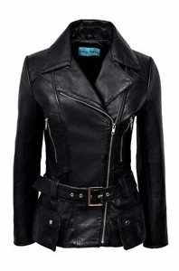 Damen echt weiches Lammleder Echt Leder Jacke Biker schwarz Gürtel Mantel Jacke - Bild 1 von 9