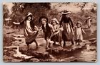 Follow My Leader Children Cross Stream SHEAHAN'S Famous Picture VINTAGE Postcard