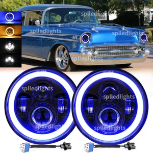7" inch Round LED Headlights Blue Halo DRL fit Chevrolet Bel Air 1955 1956 1957 - Foto 1 di 8