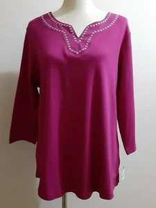Karen Scott Womens Plus Size 0X Stud Split-neck 3/4 Sleeves Top Cranberry NWT - Picture 1 of 12
