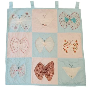 Vintage Butterfly Floral Quilt Tapestry Embroidered Pastel Blue Pink 42 x 42 - Picture 1 of 12