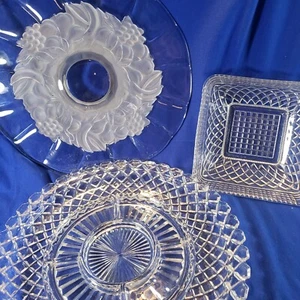 Lot Set of 3 Vintage Crystal Cut Glass Serving Dishes Platters, Round & Square - Picture 1 of 24
