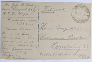 WW1/R.G.H. Etappe 3, German Feldpost 663, Constantinople, TR--Hamburg/0-Pfg./'18 - Picture 1 of 2