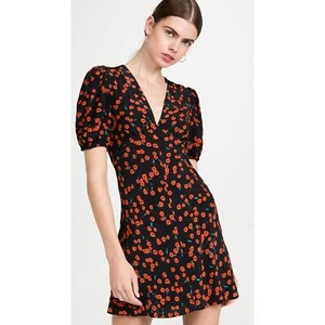 Staud Milla Mini Dress Poppy Print Red Black V-Neck Puff Sleeve Sz 0 Women - Picture 1 of 13