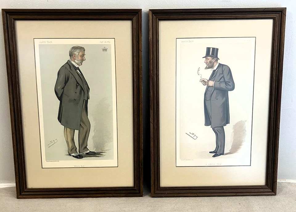 PAR DE ARTE SÁTIRA BRITÁNICO "ESPÍA" CABALLERO ESTILO FERIA VANITY ENMARCADO Foto 1 de 4