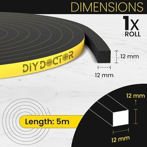 Draught Excluder Foam Tape Adhesive Weather Strip Door Window 5m x 12mm x 12mm - Picture 1 of 12