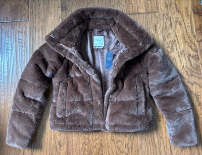 NWT Abercrombie Fitch Mini Puffer Cropped Jacket Faux Fur Womens XS Brown - Image 1 of 4