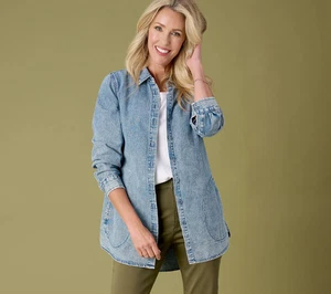 Joan Rivers Petite Vintage Washed Denim Shirt with Pockets Medium Wash LP - Picture 1 of 3