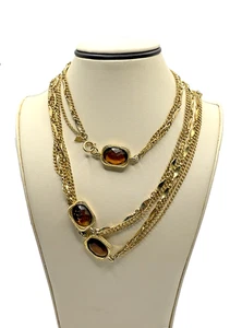 Layered Gold Plated Chain Necklace With Amber Imitation Gemstones - Picture 1 of 5