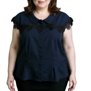 Modcloth Blue Blouse Top Size 2XL Black Lace Accent - Picture 1 of 14