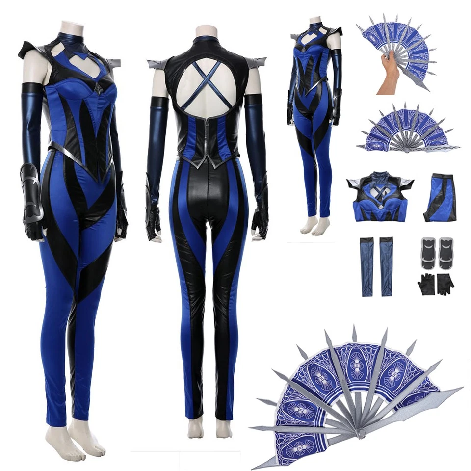 MK 11 Kitana Juegos con disfraces Halloween Azul Batalla Abrigo Pantalones Vestido Elegante Plegable Abanico EE. UU. Foto 1 de 4