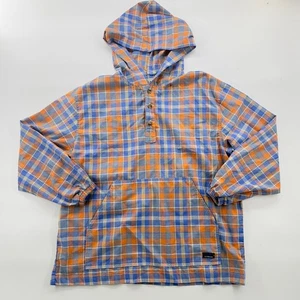 L.L.Bean Kids XL Hooded Pullover Jacket Orange Blue Plaid 100% Cotton USA - Picture 1 of 8