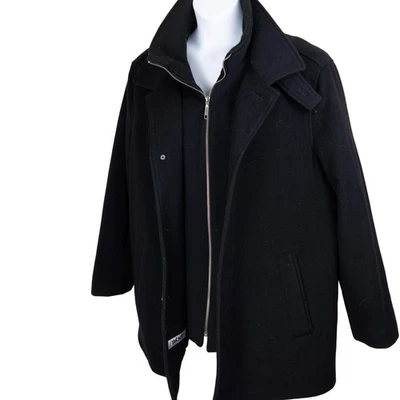 DKNY Men’s Black Wool Cashmere Overcoat 44R | Zip Button Heavyweight Jacket - Image 1 of 4