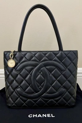 CHANEL Vintage Caviar Quilted Black Leather Gold Tone Medallion Tote Bag - Image 1 of 4