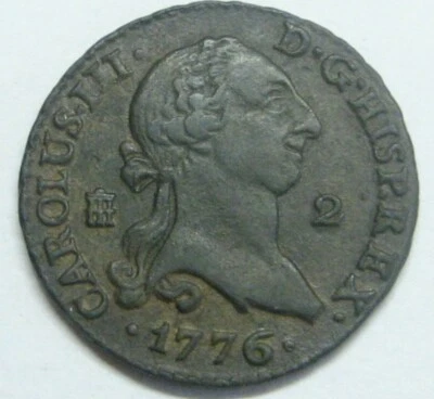1776 SEGOVIA 2 MARAVEDIS CHARLES III HIGH GRADE TONED SPANISH COLONIAL COPPER - Image 1 of 2