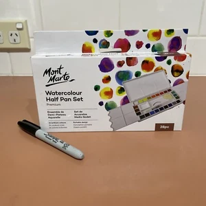 Mont Marte Premium Watercolour Half Pan - 28pc (24 Colours) Water Brush, Sponge - Picture 1 of 4