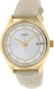 TIMEX GOLD TONE,BEIGE LEATHER BAND,BEIGE+SILVER+DIAMOND DIAL WATCH T2P556 - Picture 1 of 6