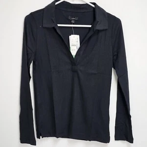 J.Crew Womens Black Ribbed Polo T-shirt Large Pullover Cotton Stretch BA415 New - Picture 1 of 8